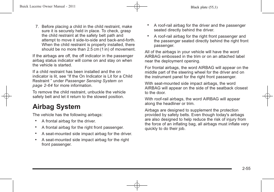 Airbag system, Airbag system -55, Driver information center | Buick 2011 Lucerne User Manual | Page 87 / 450