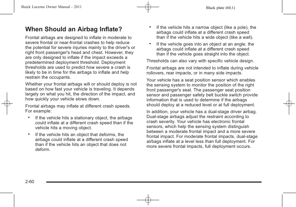 When should an airbag inflate, When should an airbag inflate? -60 | Buick 2011 Lucerne User Manual | Page 92 / 450