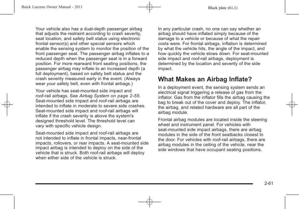 What makes an airbag inflate, What makes an airbag inflate? -61 | Buick 2011 Lucerne User Manual | Page 93 / 450