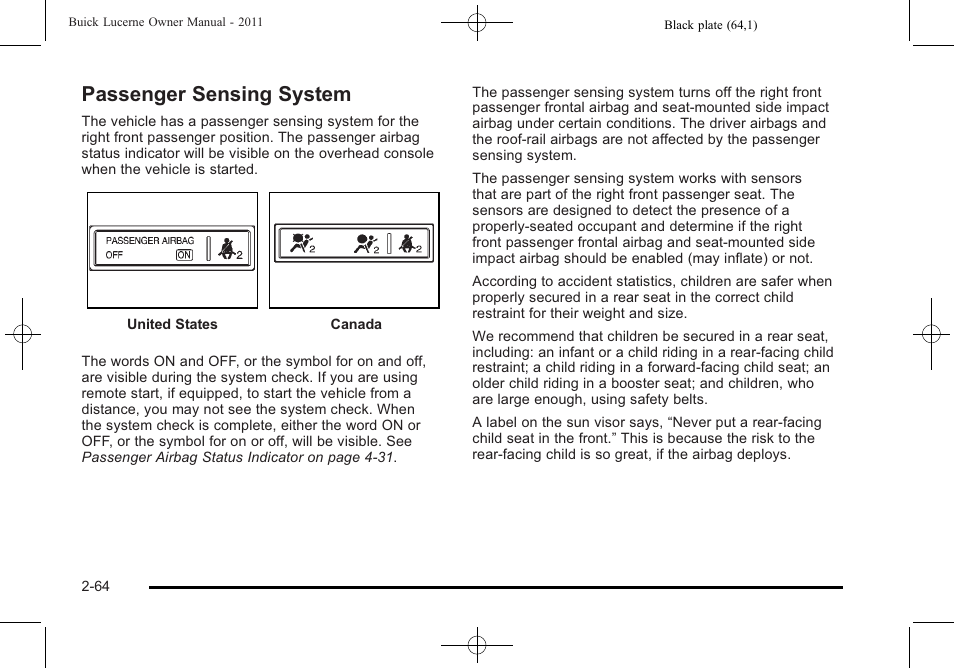 Passenger sensing system, Passenger sensing system -64 | Buick 2011 Lucerne User Manual | Page 96 / 450