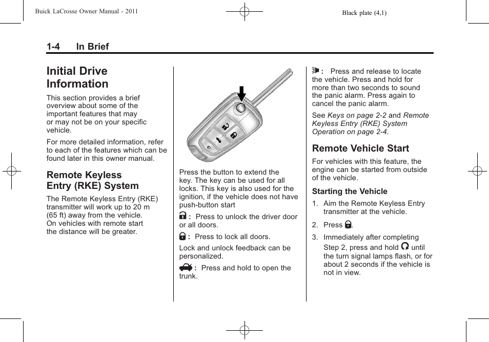 Initial drive information, Remote keyless entry (rke) system, Remote vehicle start | Initial drive information -4, Additional storage features -2, Air vents, System -4, Remote vehicle start -4, Satellite | Buick 2011 Lacrosse User Manual | Page 10 / 462