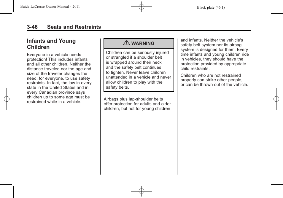 Infants and young children, Infants and young, Children -46 | Buick 2011 Lacrosse User Manual | Page 100 / 462