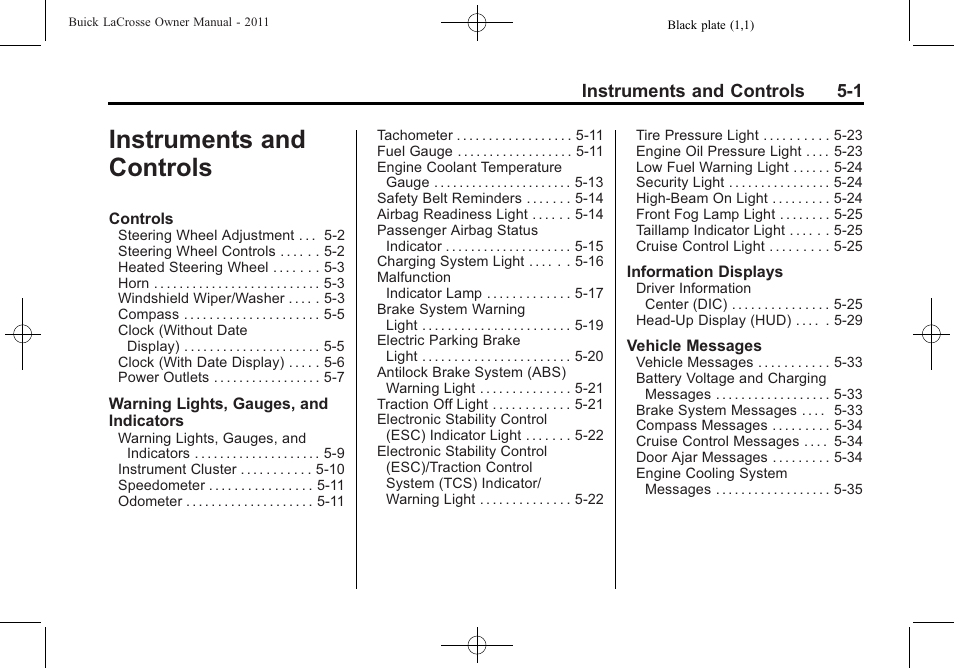 Instruments and controls, Instruments and controls -1, Instruments and controls 5-1 | Buick 2011 Lacrosse User Manual | Page 123 / 462