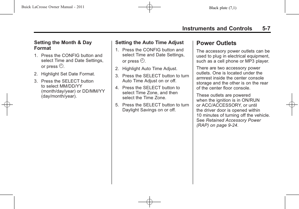 Power outlets, Power outlets -7 | Buick 2011 Lacrosse User Manual | Page 129 / 462