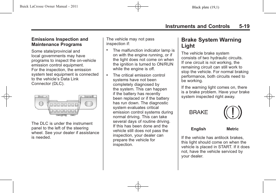 Brake system warning light, Brake system warning, Light -19 | Instruments and controls 5-19 | Buick 2011 Lacrosse User Manual | Page 141 / 462