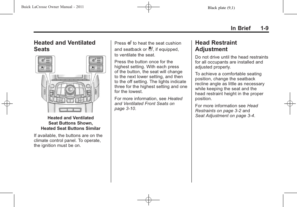 Heated and ventilated seats, Head restraint adjustment, Heated and ventilated | Seats -9, Head restraint adjustment -9 | Buick 2011 Lacrosse User Manual | Page 15 / 462