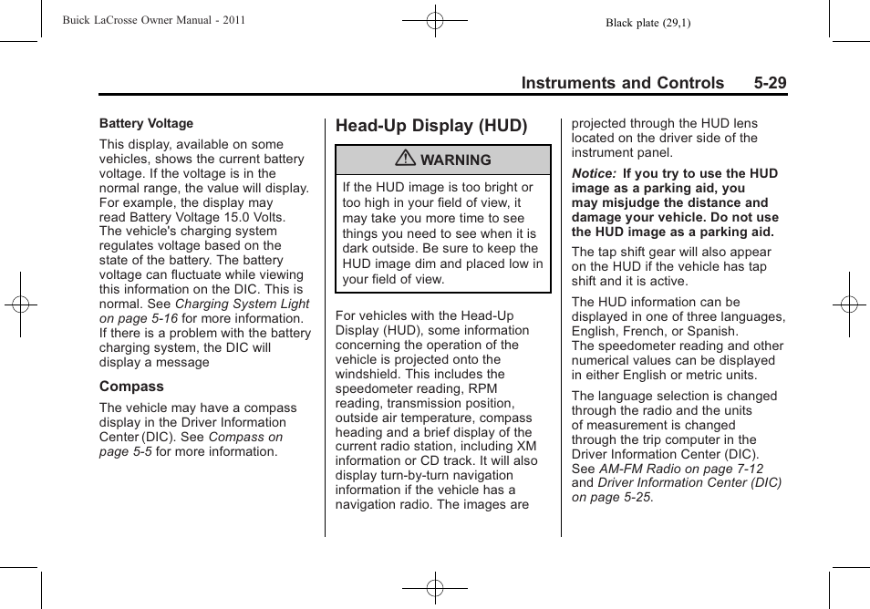 Head-up display (hud), Head-up display (hud) on, Head-up display (hud) -29 | Buick 2011 Lacrosse User Manual | Page 151 / 462