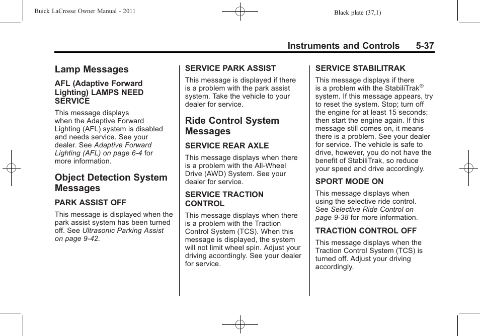 Lamp messages, Object detection system messages, Ride control system messages | Lamp messages -37 object detection system, Messages -37, Ride control system | Buick 2011 Lacrosse User Manual | Page 159 / 462