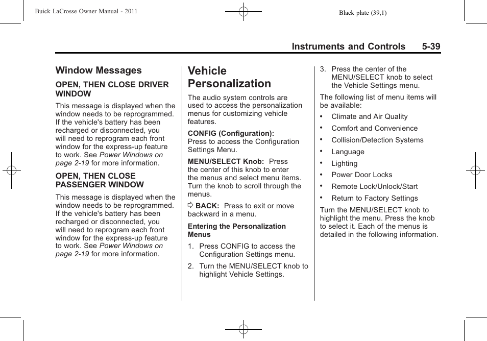 Window messages, Vehicle personalization, Drive systems | Window messages -39, Vehicle personalization -39, Instruments and controls 5-39 | Buick 2011 Lacrosse User Manual | Page 161 / 462