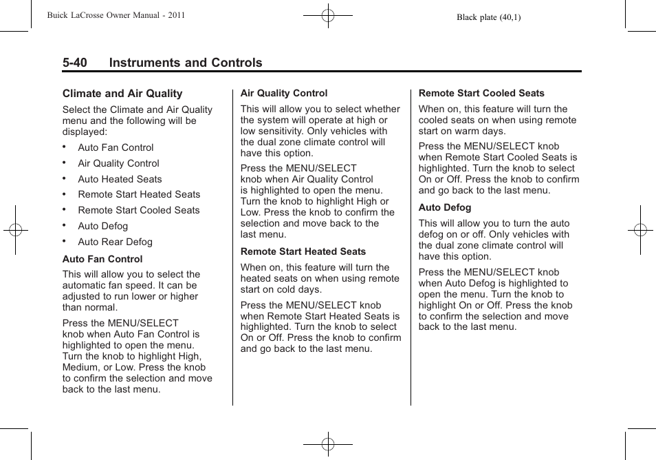 40 instruments and controls | Buick 2011 Lacrosse User Manual | Page 162 / 462