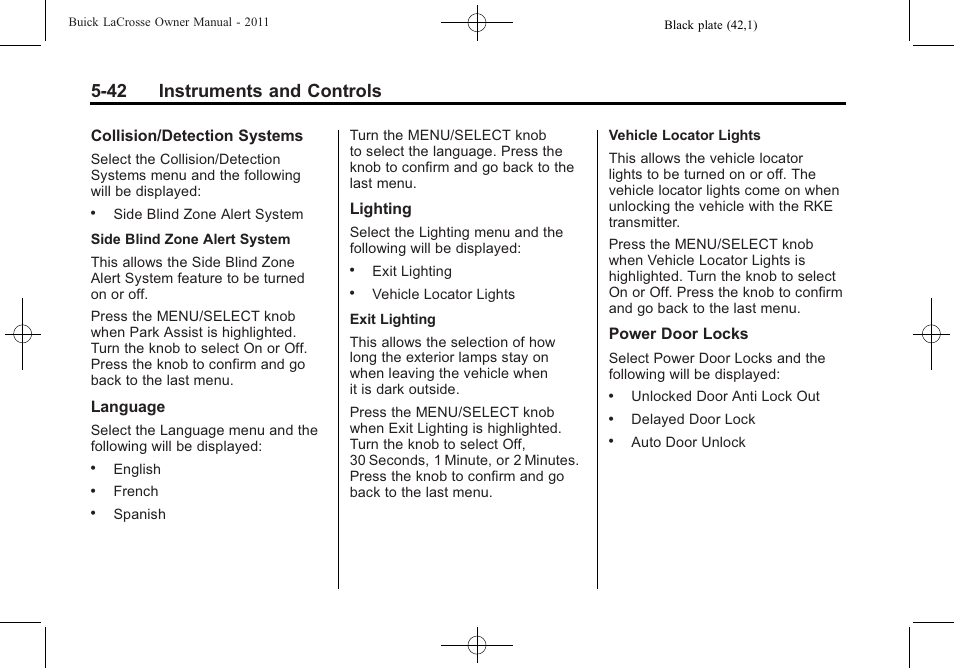 42 instruments and controls | Buick 2011 Lacrosse User Manual | Page 164 / 462