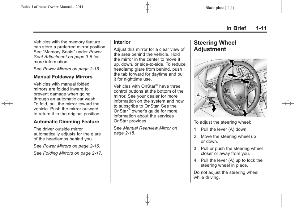 Steering wheel adjustment, Steering wheel, Adjustment -11 | Buick 2011 Lacrosse User Manual | Page 17 / 462