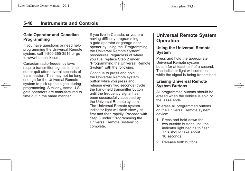 Universal remote system operation, Universal remote system, Operation -48 | Pull | Buick 2011 Lacrosse User Manual | Page 170 / 462