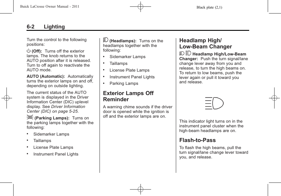 Exterior lamps off reminder, Headlamp high/low-beam changer, Flash-to-pass | Exterior lamps off, Reminder -2, Headlamp high/low-beam, Changer -2, Flash-to-pass -2, Headlamp high/ low-beam changer 2 3, 2 lighting | Buick 2011 Lacrosse User Manual | Page 174 / 462