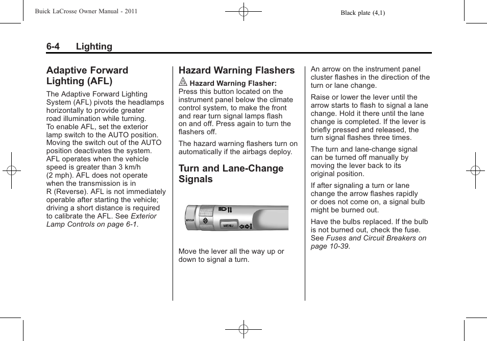 Adaptive forward lighting (afl), Hazard warning flashers, Turn and lane-change signals | Adaptive forward, Lighting (afl) -4, Hazard warning flashers -4 turn and lane-change, Signals -4 | Buick 2011 Lacrosse User Manual | Page 176 / 462