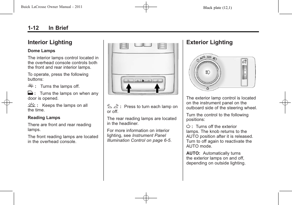 Interior lighting, Exterior lighting, Interior lighting -12 exterior lighting -12 | Buick 2011 Lacrosse User Manual | Page 18 / 462