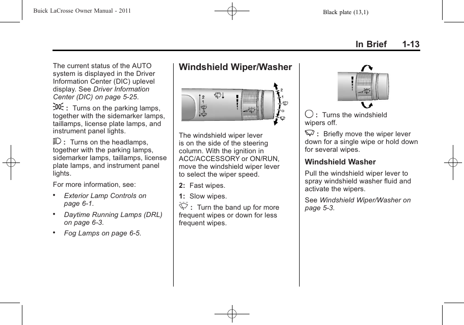 Windshield wiper/washer, Windshield wiper/washer -13 | Buick 2011 Lacrosse User Manual | Page 19 / 462