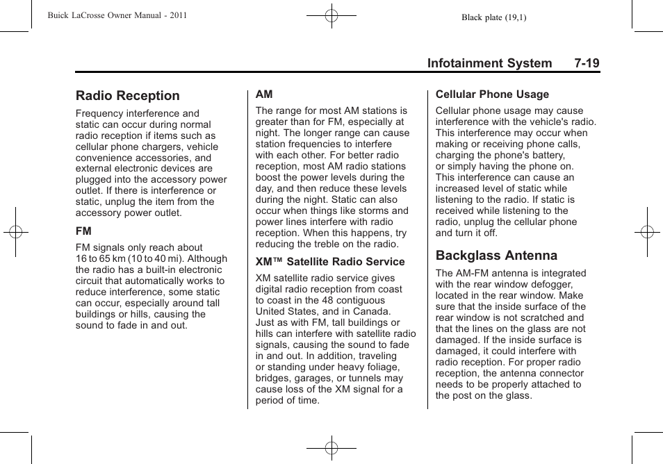 Radio reception, Backglass antenna, Radio reception -19 backglass antenna -19 | Controls) | Buick 2011 Lacrosse User Manual | Page 199 / 462