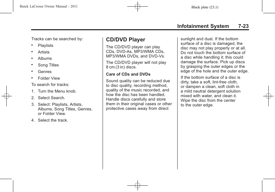 Cd/dvd player, Cd/dvd player -23, Infotainment system 7-23 | Buick 2011 Lacrosse User Manual | Page 203 / 462