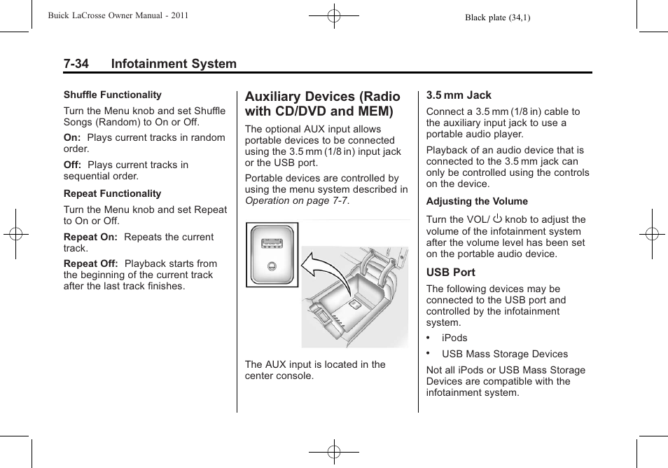 Auxiliary devices (radio with cd/dvd and mem), Auxiliary devices (radio with, Cd/dvd and mem) -34 | 34 infotainment system | Buick 2011 Lacrosse User Manual | Page 214 / 462