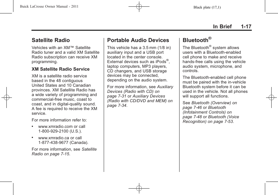 Satellite radio, Portable audio devices, Bluetooth | Radio -17 portable audio devices -17 bluetooth | Buick 2011 Lacrosse User Manual | Page 23 / 462