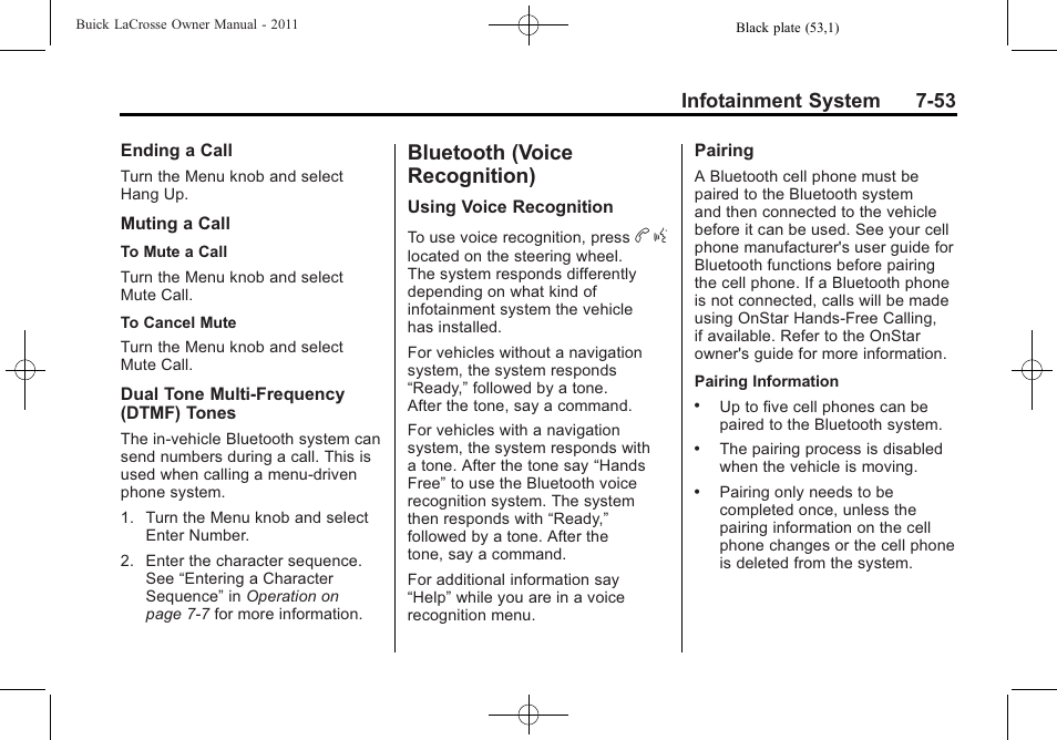 Bluetooth (voice recognition), Bluetooth (voice, Recognition) -53 | This system provides access, Infotainment system 7-53 | Buick 2011 Lacrosse User Manual | Page 233 / 462