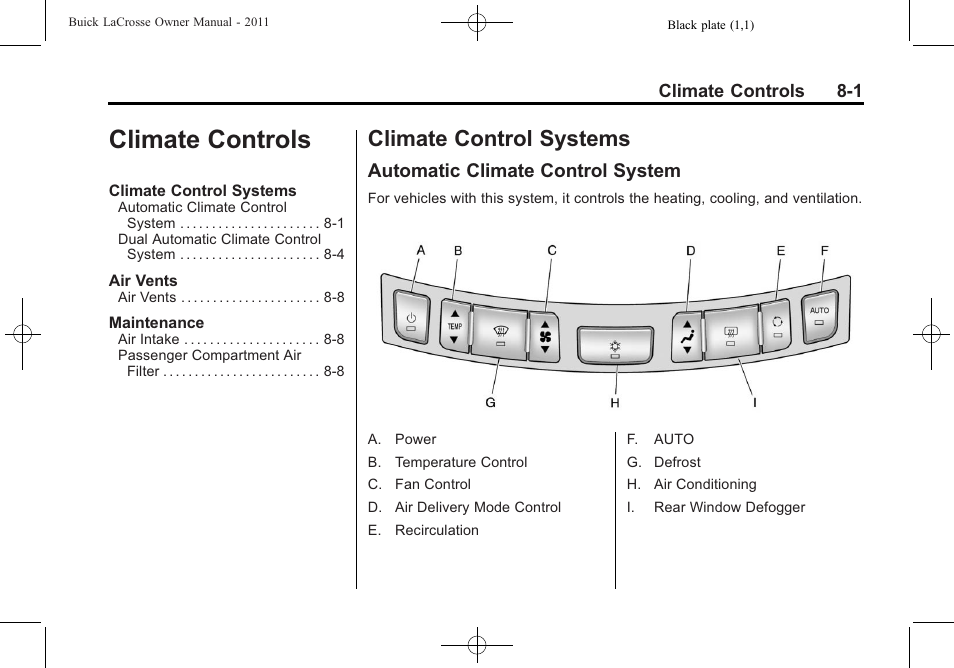 Climate controls, Climate control systems, Automatic climate control system | Climate controls -1, Control systems -1, Automatic climate control | Buick 2011 Lacrosse User Manual | Page 241 / 462