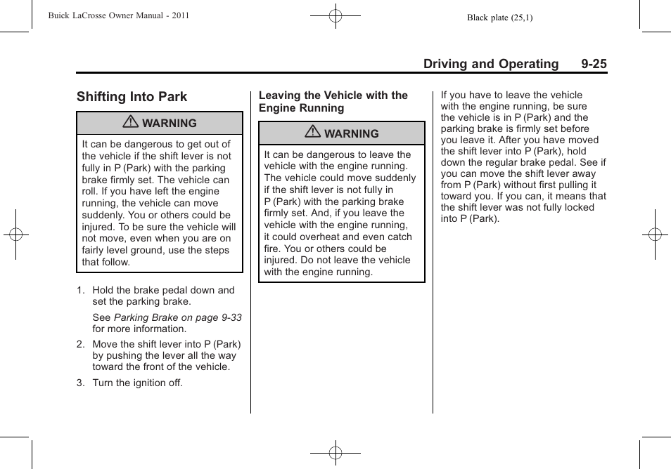 Shifting into park, Shifting into, Into park -25 | Electronic | Buick 2011 Lacrosse User Manual | Page 275 / 462