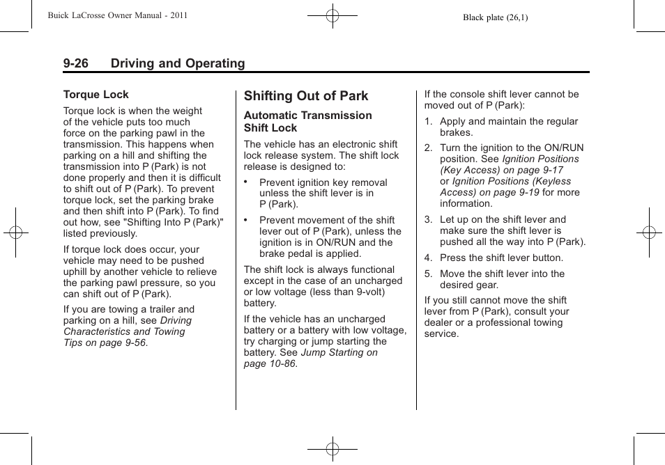 Shifting out of park, Shifting out of park -26, 26 driving and operating | Buick 2011 Lacrosse User Manual | Page 276 / 462