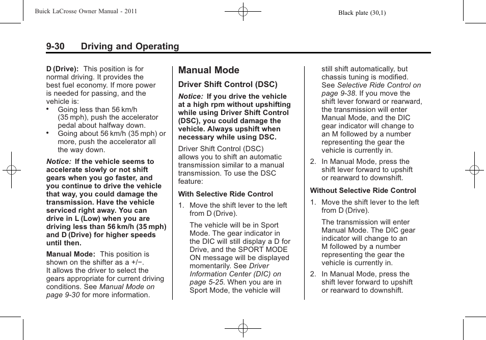 Manual mode, Manual mode -30, 30 driving and operating | Buick 2011 Lacrosse User Manual | Page 280 / 462