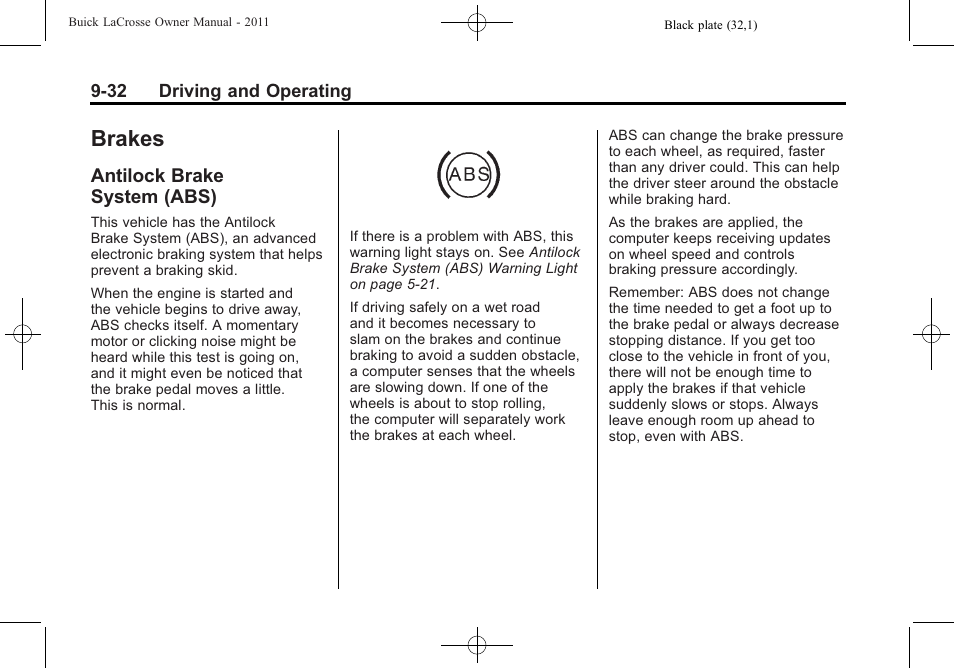 Brakes, Antilock brake system (abs), Antilock brake | System (abs) -32 | Buick 2011 Lacrosse User Manual | Page 282 / 462