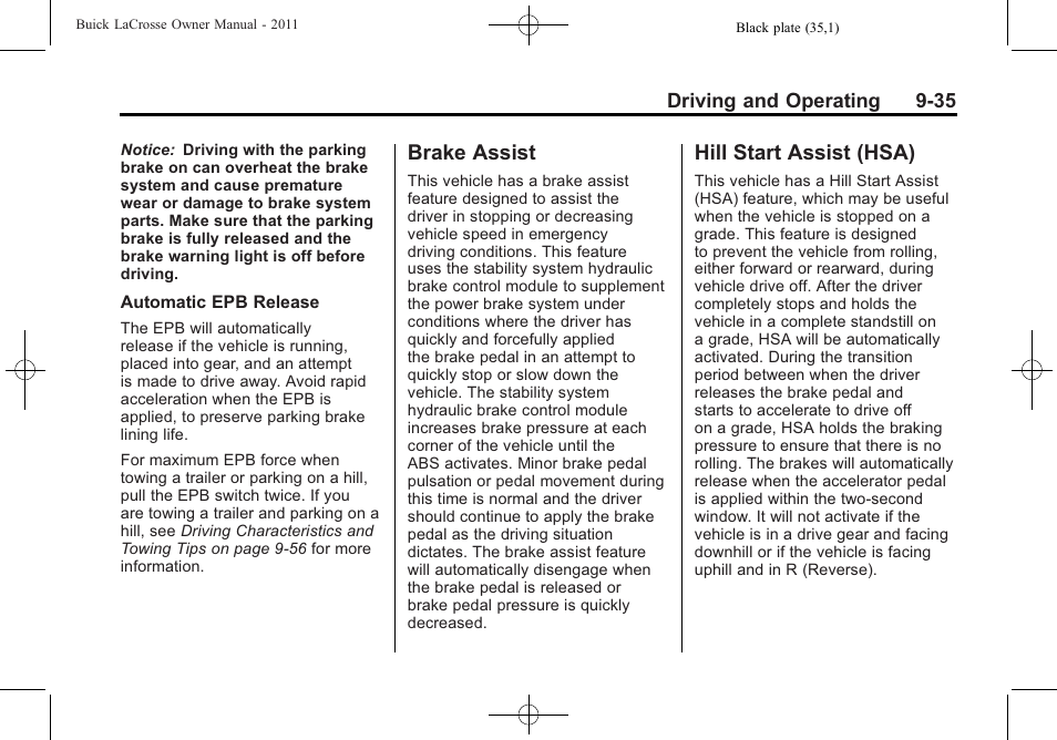 Brake assist, Hill start assist (hsa), Brake assist -35 hill start assist (hsa) -35 | Buick 2011 Lacrosse User Manual | Page 285 / 462