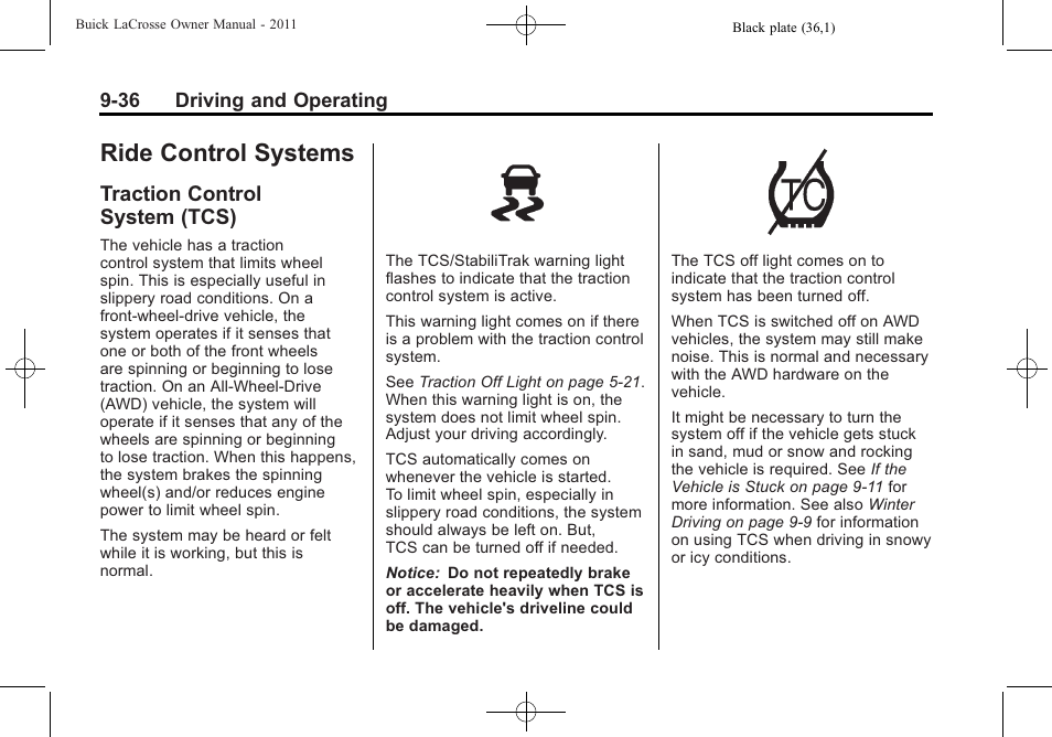 Ride control systems, Traction control system (tcs), Ride control systems -36 | Traction control, System (tcs) -36 | Buick 2011 Lacrosse User Manual | Page 286 / 462