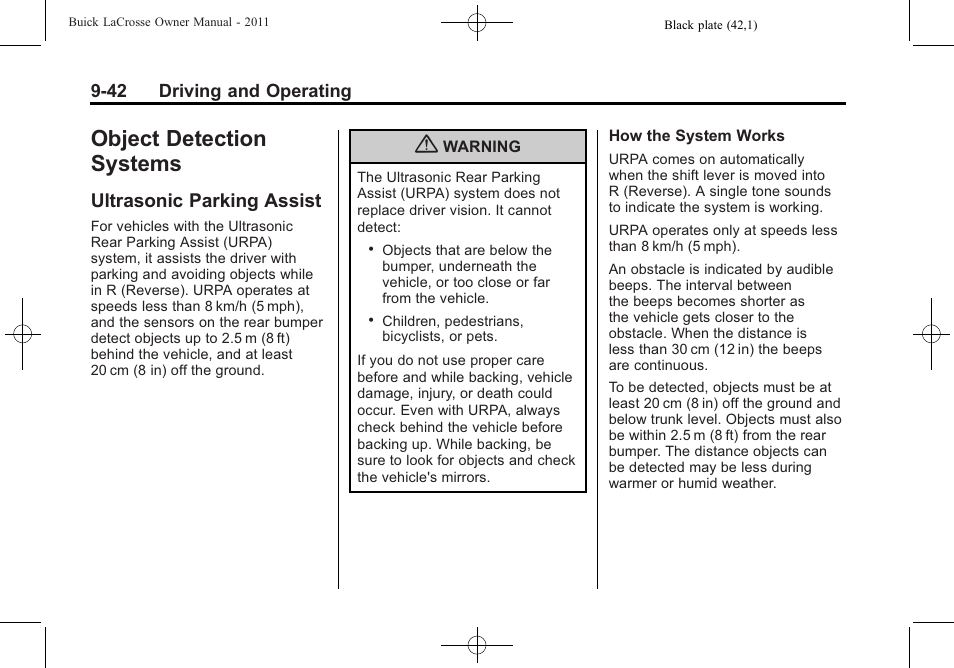 Object detection systems, Ultrasonic parking assist, Systems -42 | Ultrasonic parking assist -42 | Buick 2011 Lacrosse User Manual | Page 292 / 462