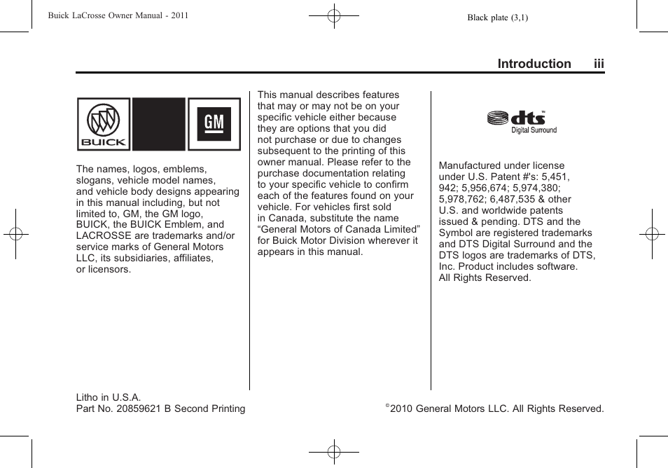 Introduction, Introduction iii | Buick 2011 Lacrosse User Manual | Page 3 / 462