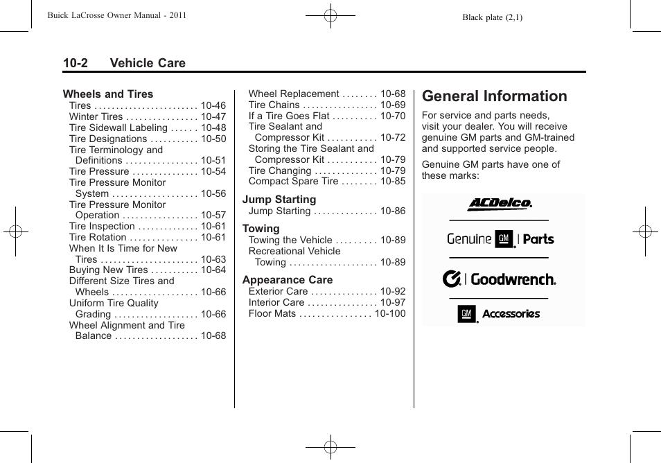 General information, General information -2, Vehicle | 2 vehicle care | Buick 2011 Lacrosse User Manual | Page 314 / 462