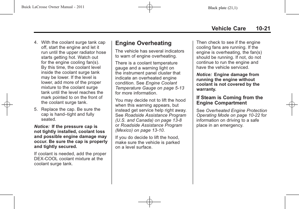 Engine overheating, Engine overheating -21, Halogen | Vehicle care 10-21 | Buick 2011 Lacrosse User Manual | Page 333 / 462