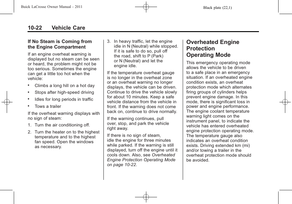 Overheated engine protection operating mode, Overheated engine, Protection operating mode -22 | 22 vehicle care | Buick 2011 Lacrosse User Manual | Page 334 / 462