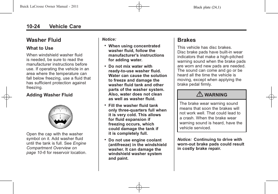 Washer fluid, Brakes, Washer fluid -24 brakes -24 | Taillamps, 24 vehicle care | Buick 2011 Lacrosse User Manual | Page 336 / 462