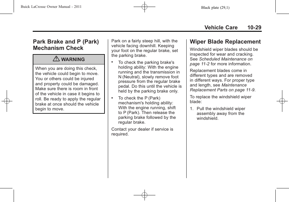 Park brake and p (park) mechanism check, Wiper blade replacement, Park brake and p (park) | Check -29, Blade, Replacement -29 | Buick 2011 Lacrosse User Manual | Page 341 / 462