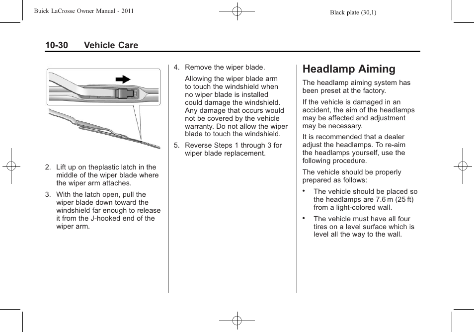 Headlamp aiming, Headlamp aiming -30, Aiming -30 | 30 vehicle care | Buick 2011 Lacrosse User Manual | Page 342 / 462