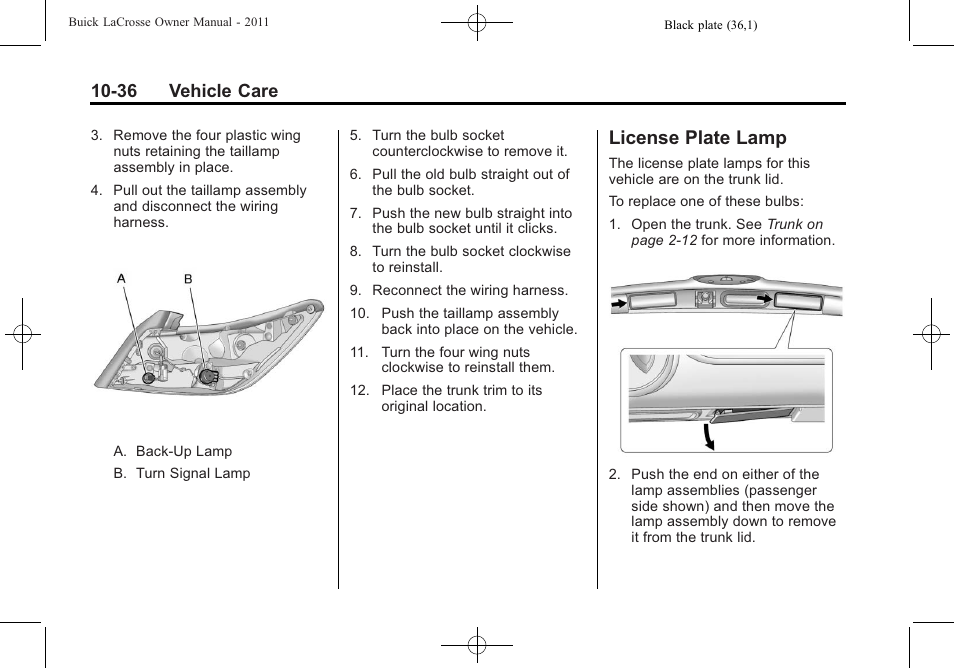 License plate lamp, License plate lamp -36, 36 vehicle care | Buick 2011 Lacrosse User Manual | Page 348 / 462