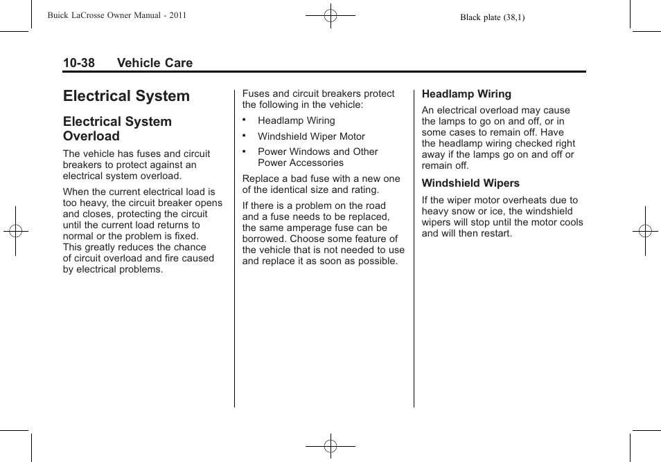 Electrical system, Electrical system overload, Electrical system -38 | Customer information, Overload -38, 38 vehicle care | Buick 2011 Lacrosse User Manual | Page 350 / 462