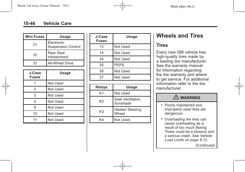 Wheels and tires, Tires, Wheels and tires -46 | Reporting safety defects -16, Tires -46, 46 vehicle care | Buick 2011 Lacrosse User Manual | Page 358 / 462