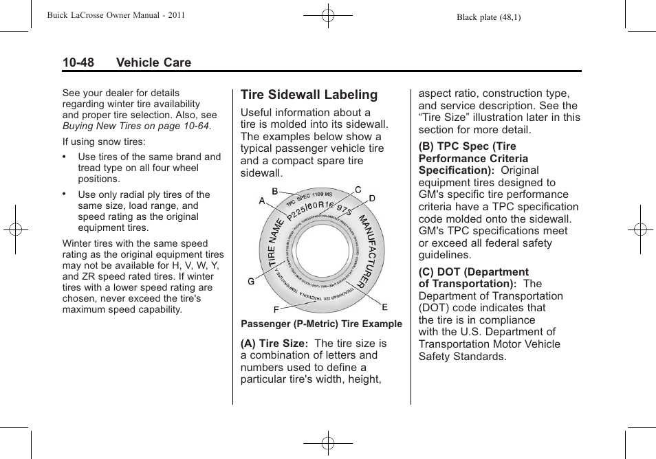 Tire sidewall labeling, Tire sidewall labeling -48, 48 vehicle care | Buick 2011 Lacrosse User Manual | Page 360 / 462