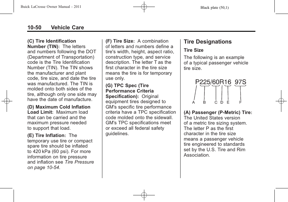 Tire designations, Tire designations -50 | Buick 2011 Lacrosse User Manual | Page 362 / 462