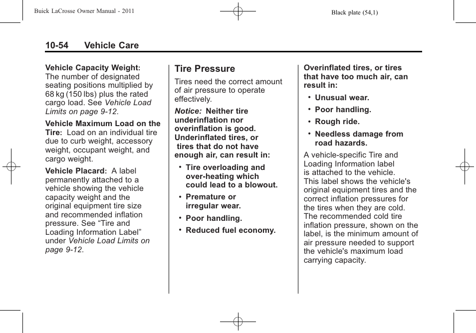 Tire pressure, Tire pressure -54, 54 vehicle care | Buick 2011 Lacrosse User Manual | Page 366 / 462