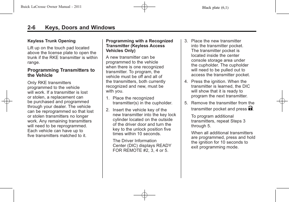 6 keys, doors and windows | Buick 2011 Lacrosse User Manual | Page 38 / 462