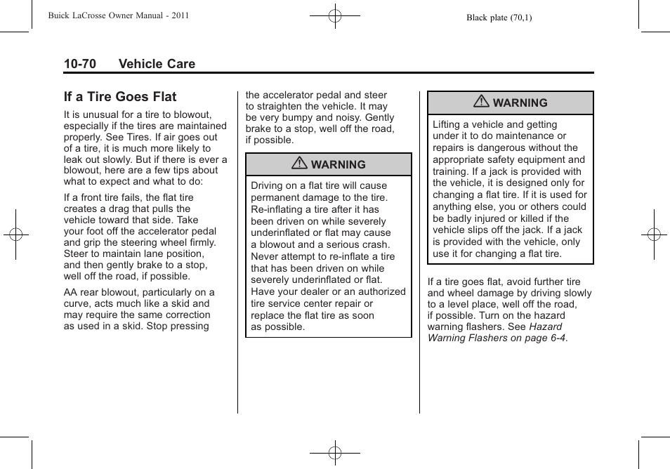 If a tire goes flat, If a tire goes flat -70 | Buick 2011 Lacrosse User Manual | Page 382 / 462