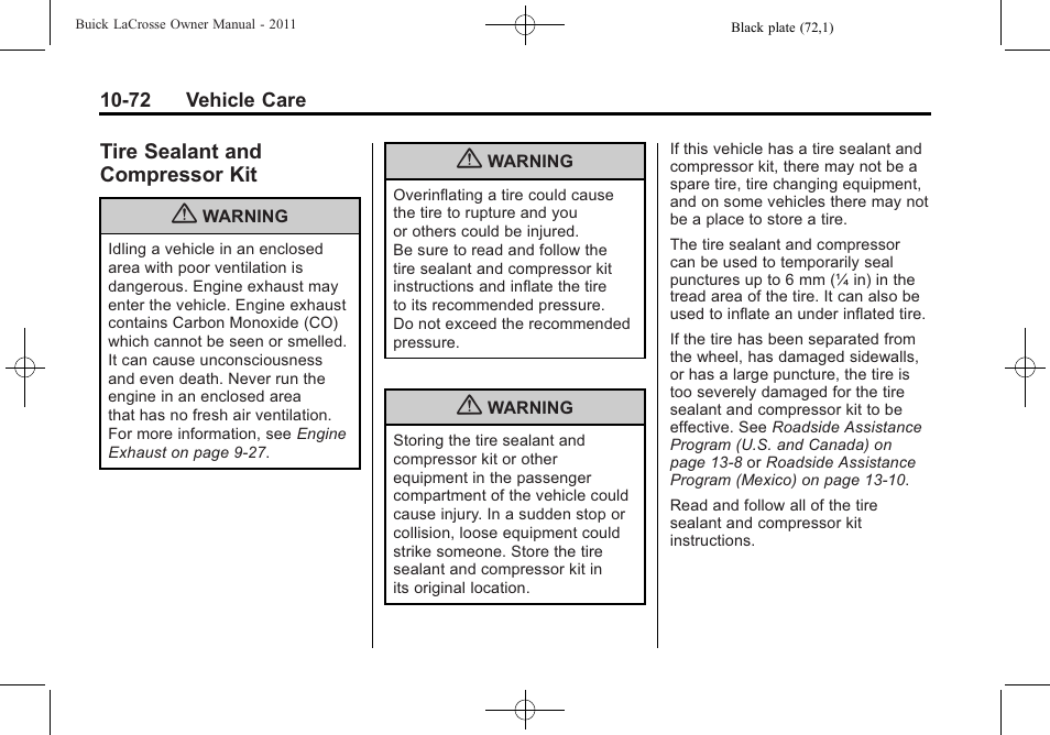 Tire sealant and compressor kit, Tire sealant and, Compressor kit -72 | Genuine | Buick 2011 Lacrosse User Manual | Page 384 / 462